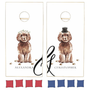 Brown Cavapoo Dog Funny Bride Groom Wedding Cornhole Set