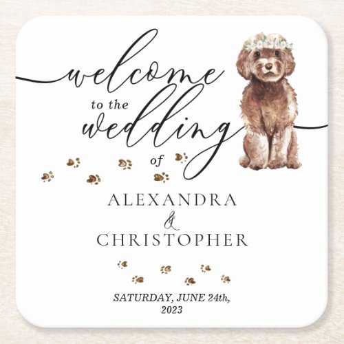 Brown Cavapoo Dog Puppy Welcome to the wedding Square Paper Coaster