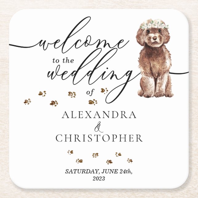 Brown Cavapoo Dog Puppy Welcome to the wedding Square Paper Coaster (Front)