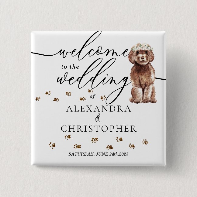 Brown Cavapoo Dog Welcome to the wedding cutie Button