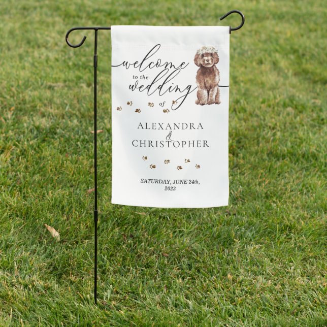 Brown Cavapoo Dog Welcome to the Wedding Garden Flag (In SItu)