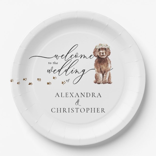Brown Cavapoo Dog Welcome to wedding set Paper Plates (Front)