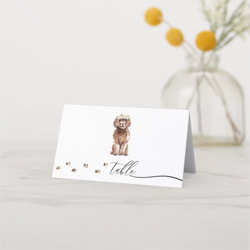 Brown Cavapoo puppy Dog Owner Wedding Script Table Place Card
