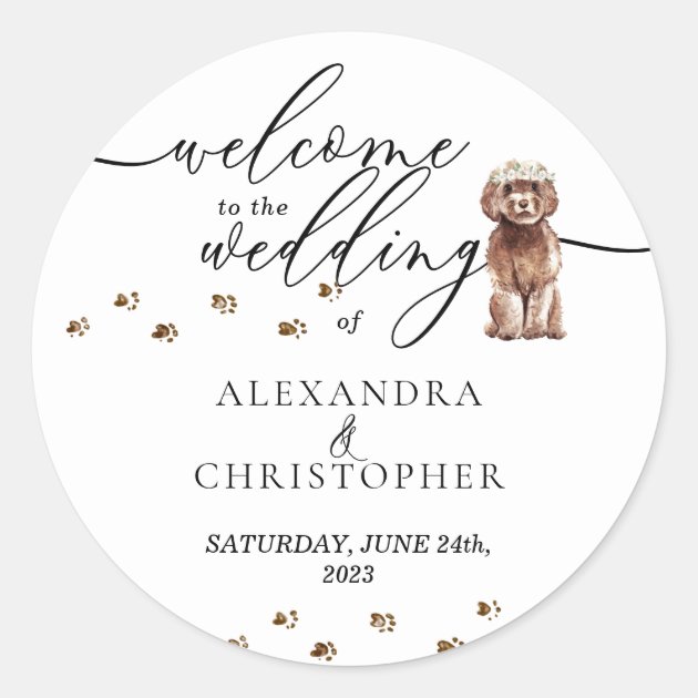 Brown Cavapoo puppy Dog Wedding Welcome Classic Round Sticker