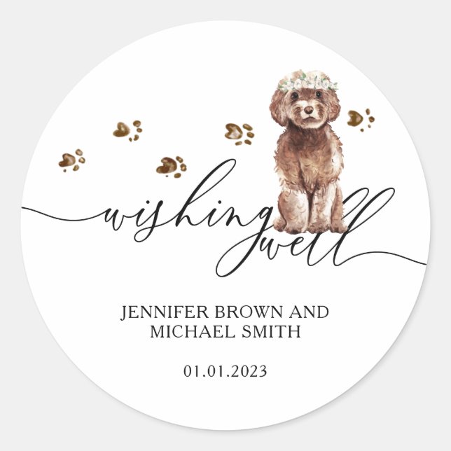 Brown Cavapoo puppy Dog Wishing Well Classic Round Sticker (Front)