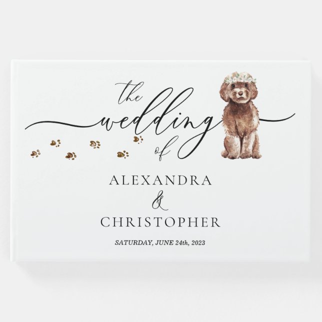 Brown Cavapoo puppy pet Wedding Calligraphy Guest Book (Front)