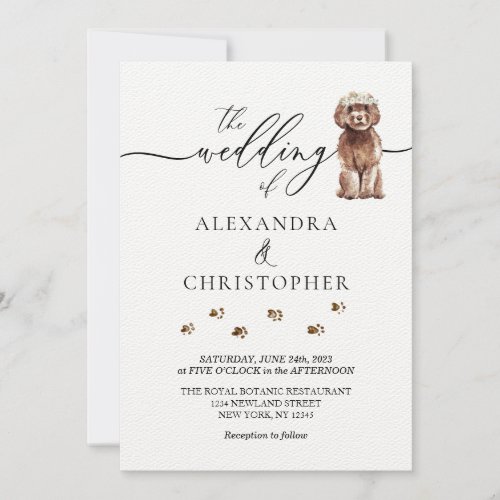 Brown Cavapoo puppy Wedding Calligraphy Invitation