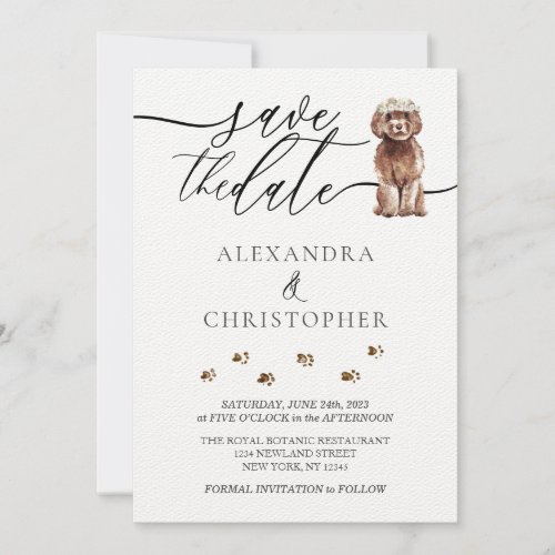Brown Cavapoo puppy Wedding Calligraphy script Save The Date