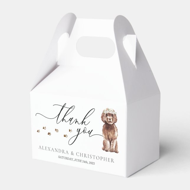 Brown Cavapoo puppy Wedding Calligraphy Thank You Favor Boxes (Front Side)