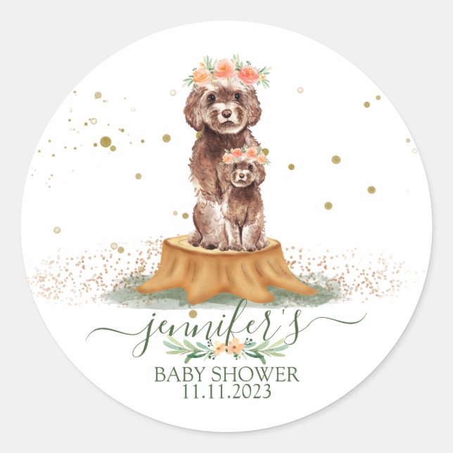 Brown Cavapoo with Floral Crown Baby Shower Classic Round Sticker (Front)