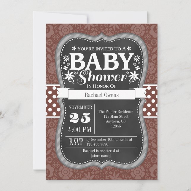 Brown Chalkboard Floral Baby Shower Invite (Front)