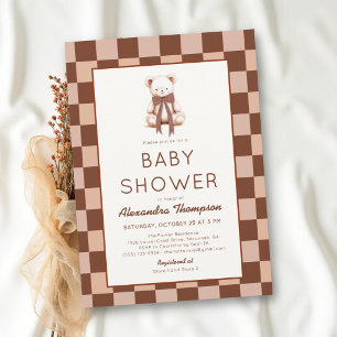 Brown Checkerboard Teddy Bear Fall Baby Shower Invitation