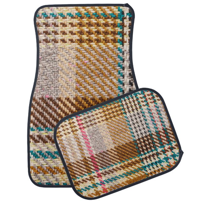 Brown checkered fabric, Scottish wool. Car Floor Mat (Set)
