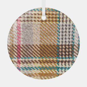 Brown checkered fabric, Scottish wool. Glass Ornament
