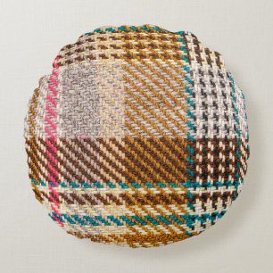 Brown checkered fabric, Scottish wool. Round Pillow