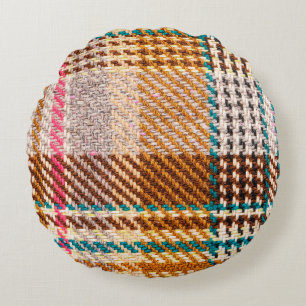 Brown checkered fabric with colored threads. Scott Round Pillow