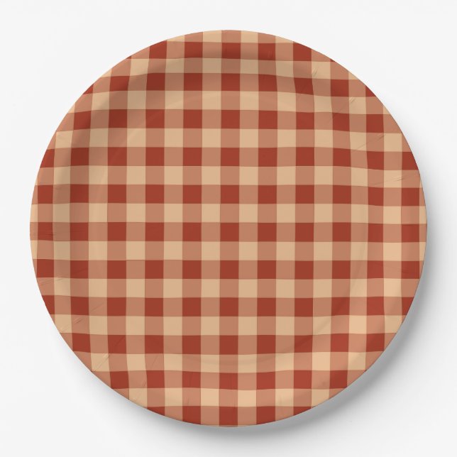 Brown Checkered Gingham Pattern Paper Plates (Front)