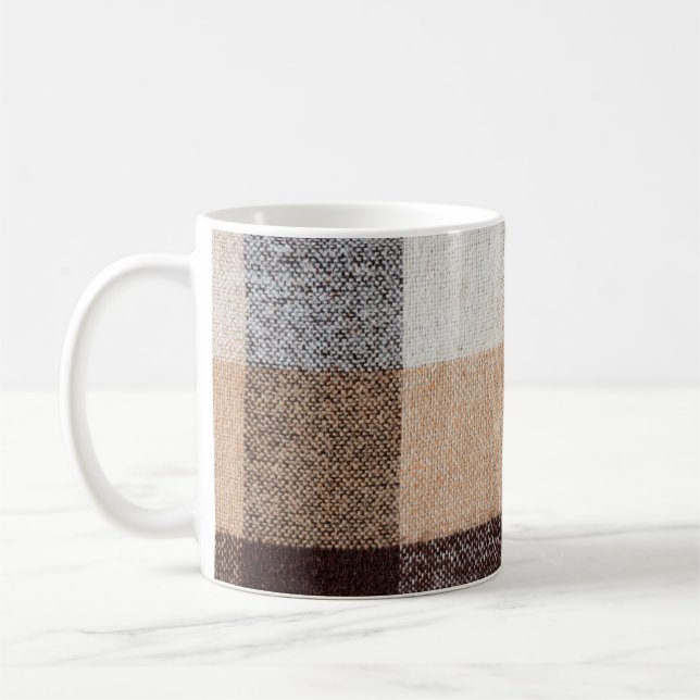 Brown checkered wool plaid fabric texture. tartan  coffee mug (Left)
