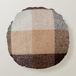 Brown checkered wool plaid fabric texture. tartan round pillow