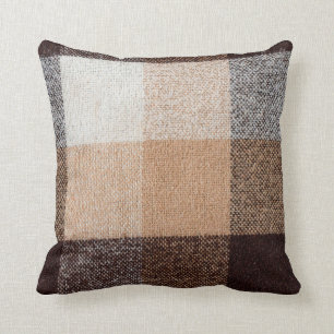 Brown checkered wool plaid fabric texture. tartan  throw pillow
