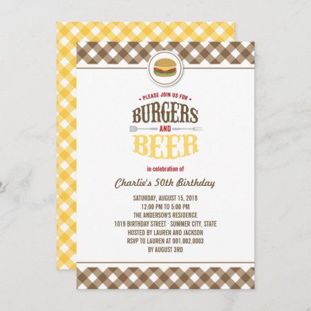 Brown Checks Burgers & Beer Summer Birthday Party Invitation