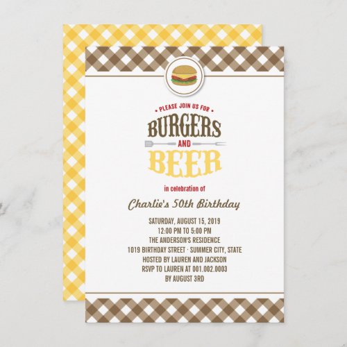 Brown Checks Burgers  Beer Summer Birthday Party Invitation