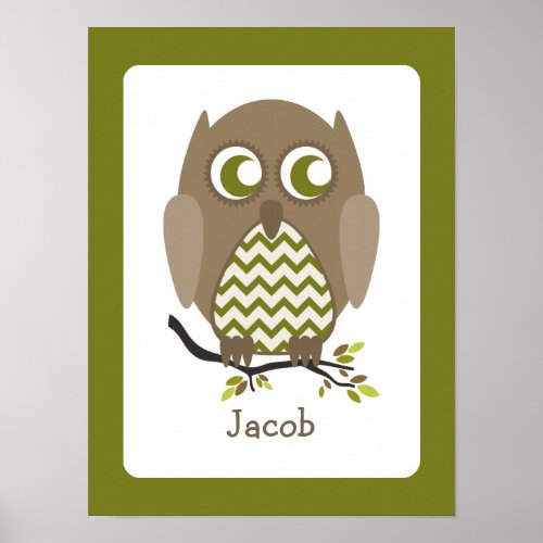 Brown Chevron Owl Personalized Nursery Artwork Poster