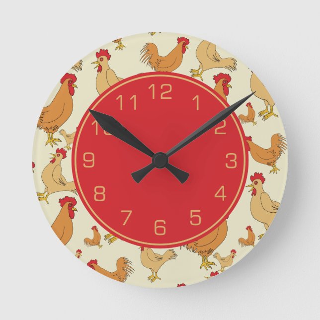 Brown Chicken and Roosters Numbered Round Clock (Front)