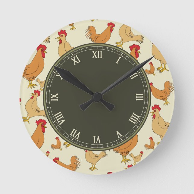 Brown Chicken and Roosters Roman Numbered Round Clock (Front)