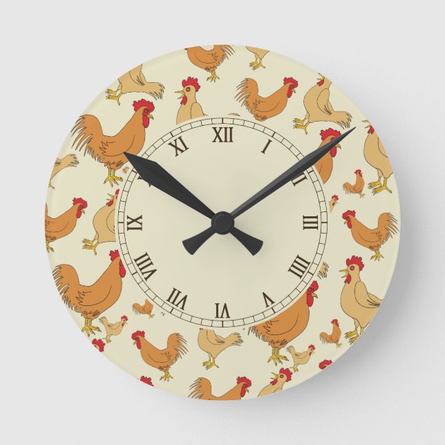 Brown Chicken and Roosters Round Clock (Front)