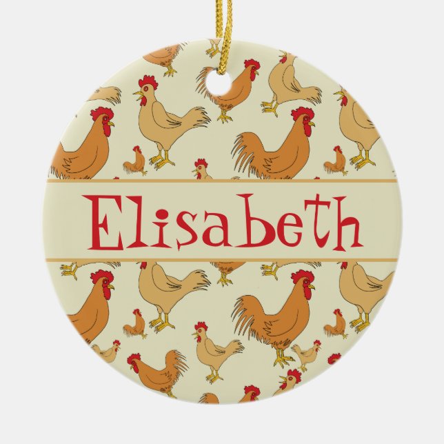 Brown Chicken Design Personalise Ceramic Ornament (Front)