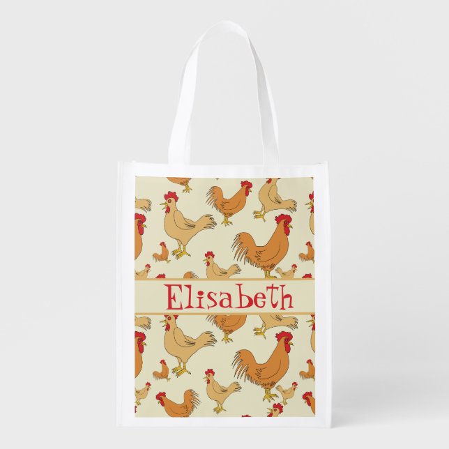 Brown Chicken Design Personalise Grocery Bag (Front)
