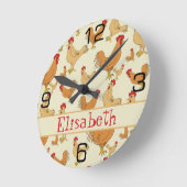 Brown Chicken Design Personalise Round Clock (Angle)