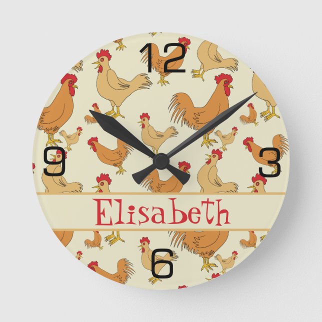Brown Chicken Design Personalise Round Clock (Front)