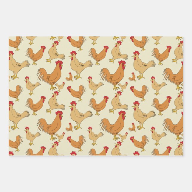 Brown Chicken Pattern Design Wrapping Paper Sheets (Front)