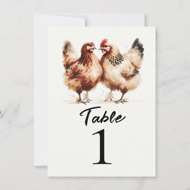 Brown Chickens Country Wedding Table Number (Front)