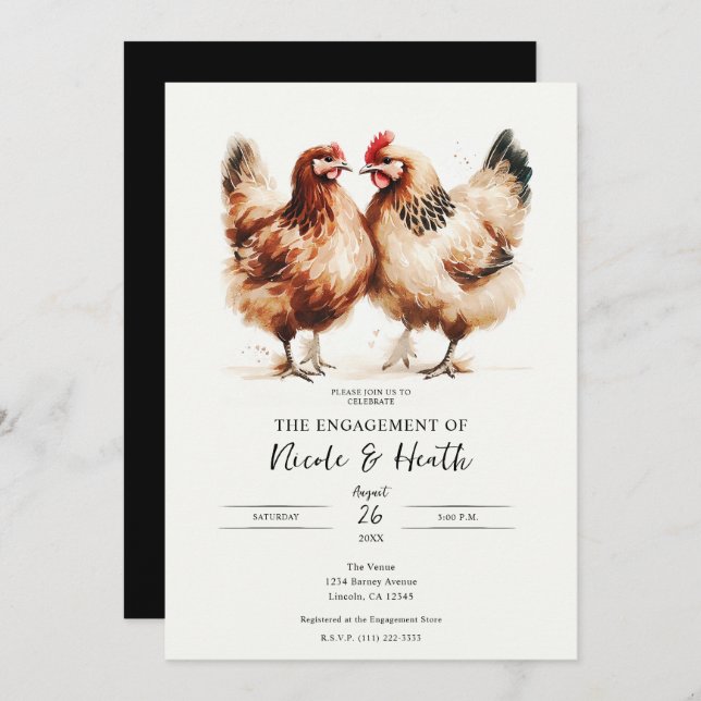 Brown Chickens Watercolor Rustic Engagement Party Invitation (Front/Back)