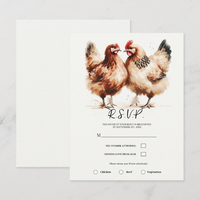 Brown Chickens Watercolor Rustic Wedding Invitation (Front/Back)