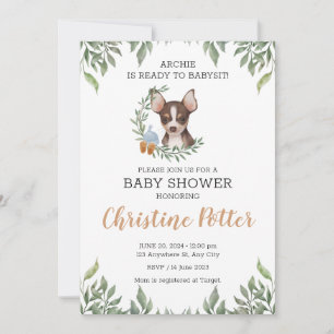 Brown Chihuahua Dog Boy Boho Greenery Baby Shower Invitation