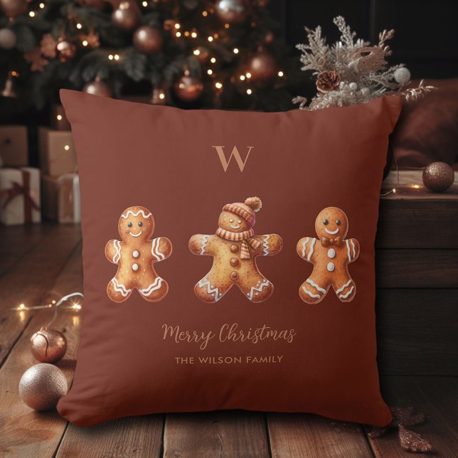 Brown Christmas Chocolate Gingerbread Men Monogram Throw Pillow (brown christmas gingerbread men throw pillow family monogram chocolate terracotta)