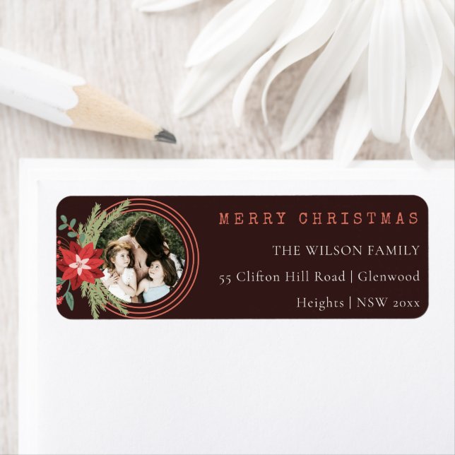 Brown Christmas Circle Photo Poinsettia Address Label (Insitu)