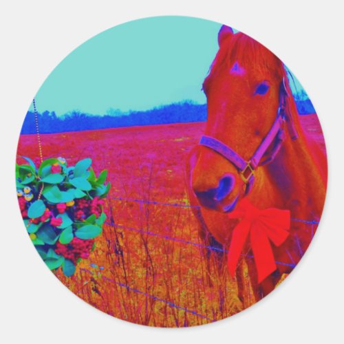 Brown Christmas colored Horse   add name Classic Round Sticker