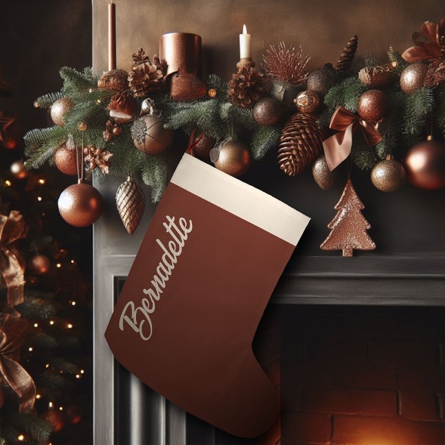 Brown Christmas Copper Beige Calligraphy Custom Large Christmas Stocking (brown christmas stocking personalized copper name calligraphy)
