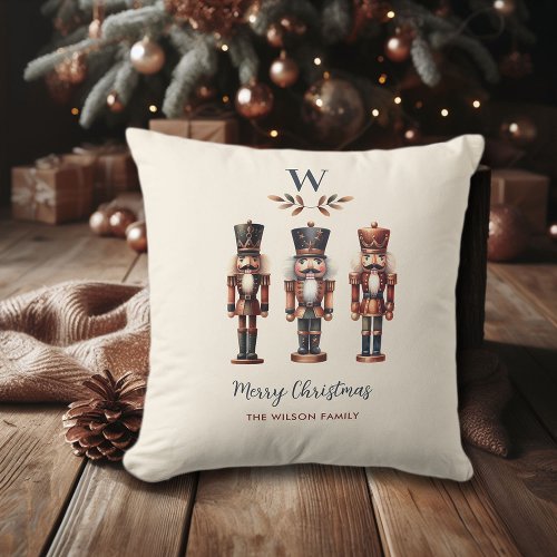 Brown Christmas Copper Nutcrackers Merry Monogram Throw Pillow