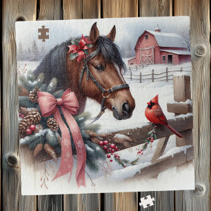 Brown Christmas Horse and Cardinal Jigsaw Puzzle