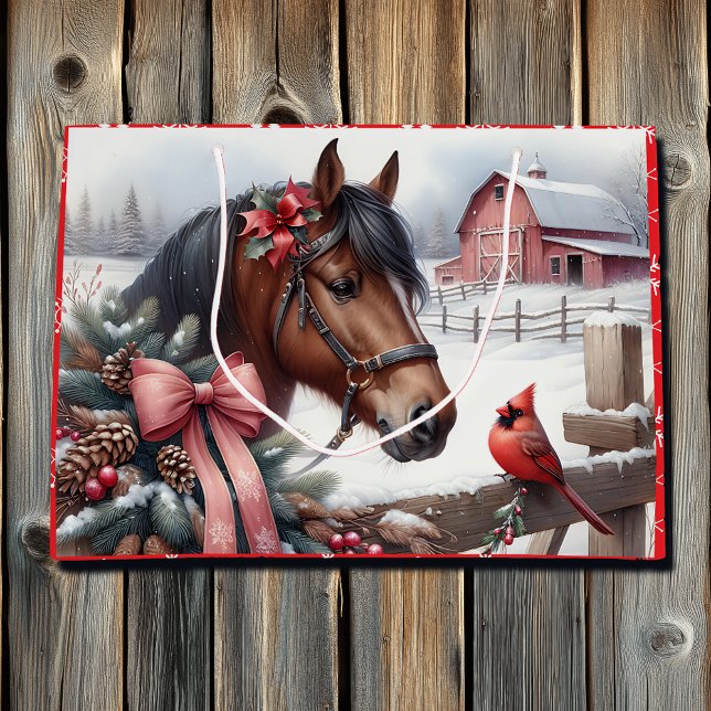 Brown Christmas Horse and Cardinal  Large Gift Bag (Creator Uploaded)