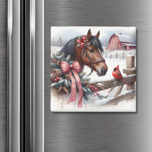 Brown Christmas Horse and Cardinal  Magnet