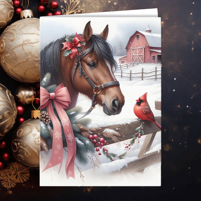 Brown Christmas Horse and Cardinal Personalized Holiday Card (Creator Uploaded)
