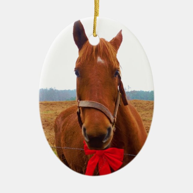 Brown Christmas Horse and Red Bow Ceramic Ornament (Front)
