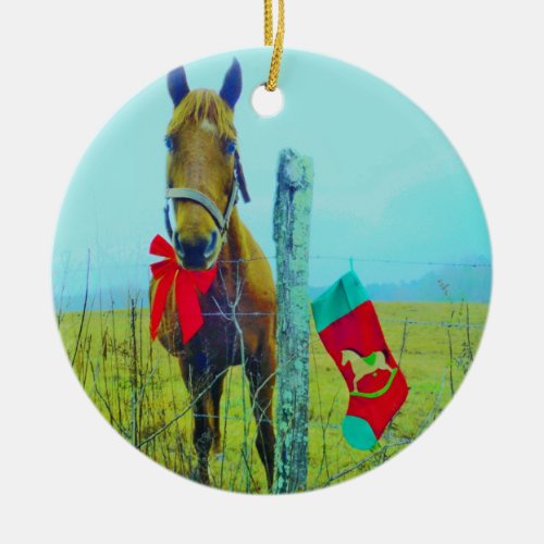 Brown Christmas Horse Ceramic Ornament